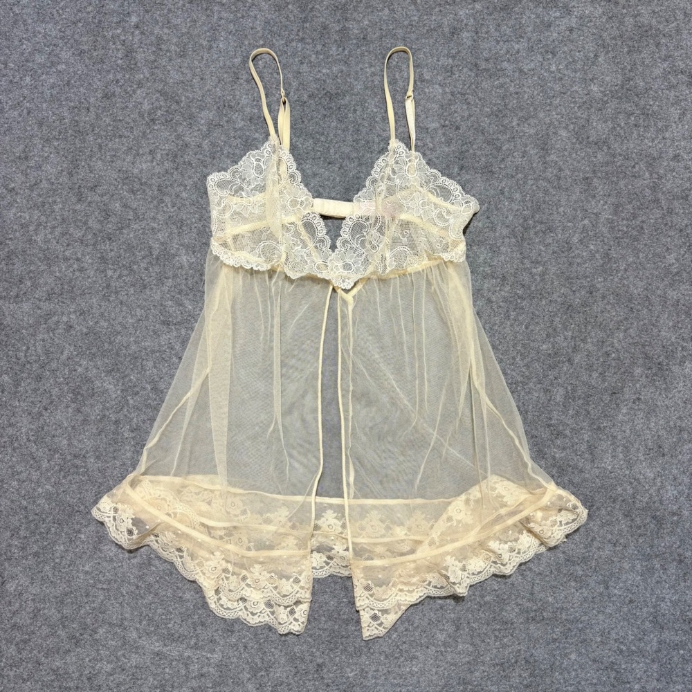 Victorias Secret Lace Trim Mesh Babydoll Lingerie Cream Ivory Small